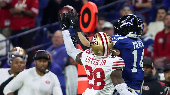 Dec 22, 2025; Indianapolis, Indiana, USA; San Francisco 49ers cornerback Darrell Luter Jr. (28) breaks up a pass intended for Indianapolis Colts wide receiver Alec Pierce (14) in the second quarter of the game at Lucas Oil Stadium. Luter was called for a penalty on the play. Mandatory Credit: Trevor Ruszkowski-Imagn Images Dec 22, 2025; Indianapolis, Indiana, USA; San Francisco 49ers cornerback Darrell Luter Jr. (28) breaks up a pass intended for Indianapolis Colts wide receiver Alec Pierce (14) in the second quarter of the game at Lucas Oil Stadium. Luter was called for a penalty on the play. Mandatory Credit: Trevor Ruszkowski-Imagn Images