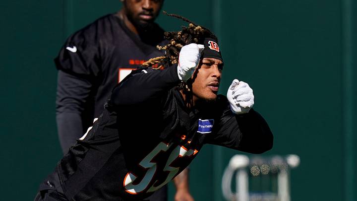 Bengals defensive end Cashius Howell (55) runs through a drill during a rookie mini camp workout at the Bengals practice facility in downtown Cincinnati on Friday, May 8, 2026. Bengals defensive end Cashius Howell (55) runs through a drill during a rookie mini camp workout at the Bengals practice facility in downtown Cincinnati on Friday, May 8, 2026.