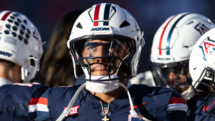 Nov 8, 2025; Tucson, Arizona, USA; Arizona Wildcats quarterback Noah Fifita (1) against the Kansas Jayhawks at Arizona Stadium. Mandatory Credit: Mark J. Rebilas-Imagn Images