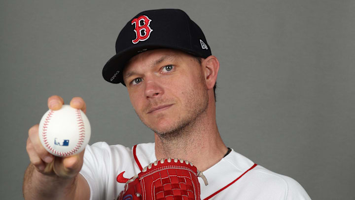 Feb 17, 2026; Lee County, FL, USA;Boston Red Sox pitcher Sonny Gray (54) poses for a photo during media day at JetBlue Park. Mandatory Credit: Kim Klement Neitzel-Imagn Images