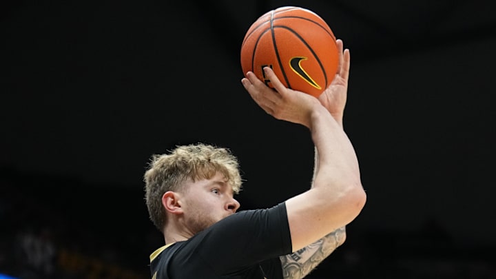 Feb 18, 2026; Columbia, Missouri, USA; Vanderbilt Commodores forward Tyler Nickel (5) shoots a three point shot against the Missouri Tigers during the second half of the game at Mizzou Arena. Mandatory Credit: Denny Medley-Imagn Images Feb 18, 2026; Columbia, Missouri, USA; Vanderbilt Commodores forward Tyler Nickel (5) shoots a three point shot against the Missouri Tigers during the second half of the game at Mizzou Arena. Mandatory Credit: Denny Medley-Imagn Images
