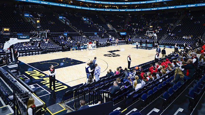 Jan 1, 2024; Salt Lake City, Utah, USA; A general view of the court before the game between the Utah Jazz and the Dallas Mavericks at the Delta Center. Mandatory Credit: Christopher Creveling-Imagn Images