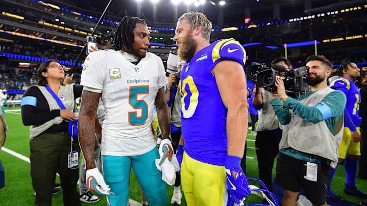 Nov 11, 2024; Inglewood, California, USA; Miami Dolphins cornerback Jalen Ramsey (5) meets with Los Angeles Rams wide receiver Cooper Kupp (10) following the game at SoFi Stadium. Mandatory Credit: Gary A. Vasquez-Imagn Images