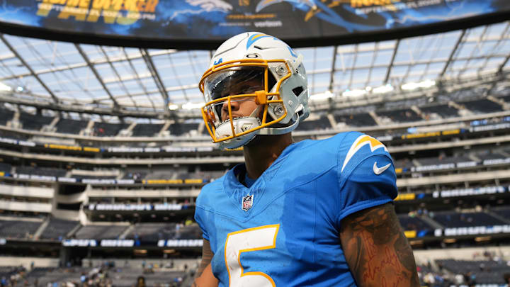  Los Angeles Chargers quarterback Trey Lance walks to the locker room after a victory against the New Orleans Saints.