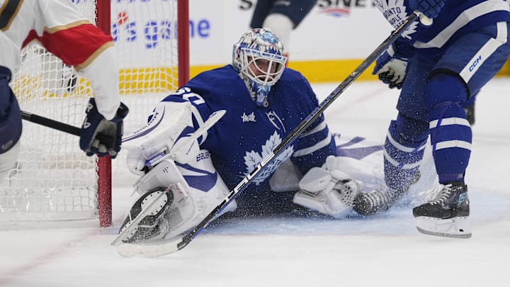May 14, 2025; Toronto, Ontario, CAN; Toronto Maple Leafs goaltender Joseph Woll (60) sits on the ice after a goal by Florida Panthers forward Jesper Boqvist (70) during the second period of game five of the second round of the 2025 Stanley Cup Playoffs at Scotiabank Arena. Mandatory Credit: John E. Sokolowski-Imagn Images May 14, 2025; Toronto, Ontario, CAN; Toronto Maple Leafs goaltender Joseph Woll (60) sits on the ice after a goal by Florida Panthers forward Jesper Boqvist (70) during the second period of game five of the second round of the 2025 Stanley Cup Playoffs at Scotiabank Arena. Mandatory Credit: John E. Sokolowski-Imagn Images