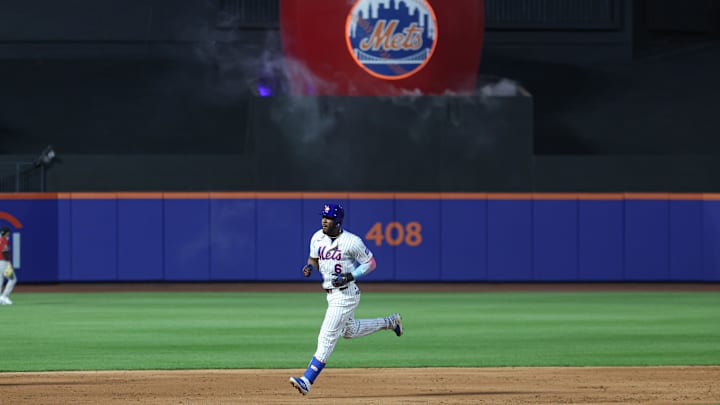 Apr 29, 2025; New York City, New York, USA; New York Mets designated hitter Starling Marte (6) rounds the bases after his two run home run during the third inning against the Arizona Diamondbacks at Citi Field. Mandatory Credit: Vincent Carchietta-Imagn Images