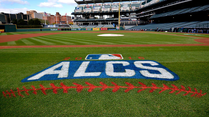 Oct 13, 2016; Cleveland, OH, USA; General view of the ALCS logo on the field one day prior to game