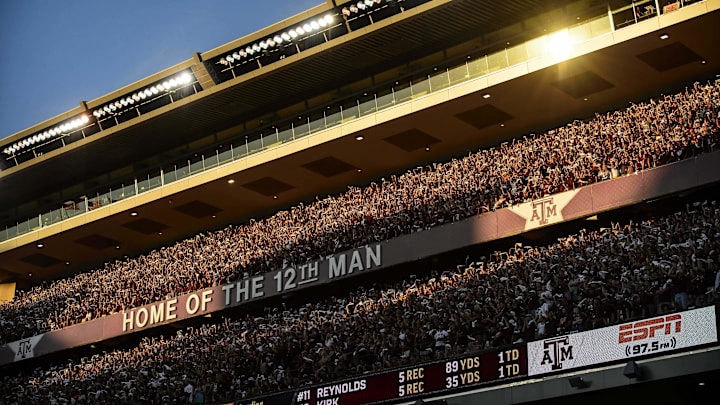 Oct 8, 2016; College Station, TX, USA; A view of the stands and 12th man sign as the Texas A&M Aggies fans cheer for their team during the second half of the game against the Tennessee Volunteers at Kyle Field. The Aggies defeat the Volunteers 45-38 in overtime. Mandatory Credit: Jerome Miron-USA TODAY Sports