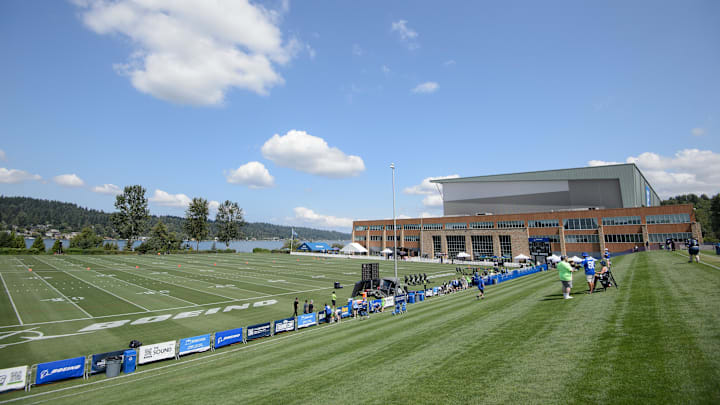 Jul 30, 2023; Renton, WA, USA; Virginia Mason Athletic Center prior to the Seattle Seahawks practice. Mandatory Credit: Steven Bisig-Imagn Images