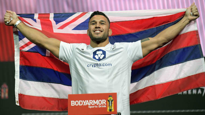 Jul 9, 2021; Las Vegas, Nevada, USA; Brad Tavares reacts during weigh ins for UFC 264 at T-Mobile