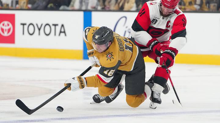 Jun 14, 2026; Las Vegas, Nevada, USA; Carolina Hurricanes center Jordan Staal (11) defends against Vegas Golden Knights right wing Pavel Dorofeyev (16) during the second period in game six of the 2026 Stanley Cup Final at T-Mobile Arena. Mandatory Credit: Stephen R. Sylvanie-Imagn Images