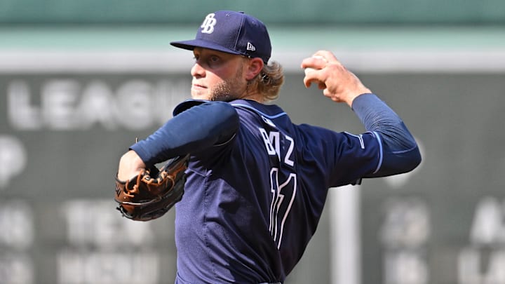 Jul 12, 2025; Boston, Massachusetts, USA;  Tampa Bay Rays starting pitcher Shane Baz (11) pitches against the Boston Red Sox during the first inning at Fenway Park. Mandatory Credit: Eric Canha-Imagn Images