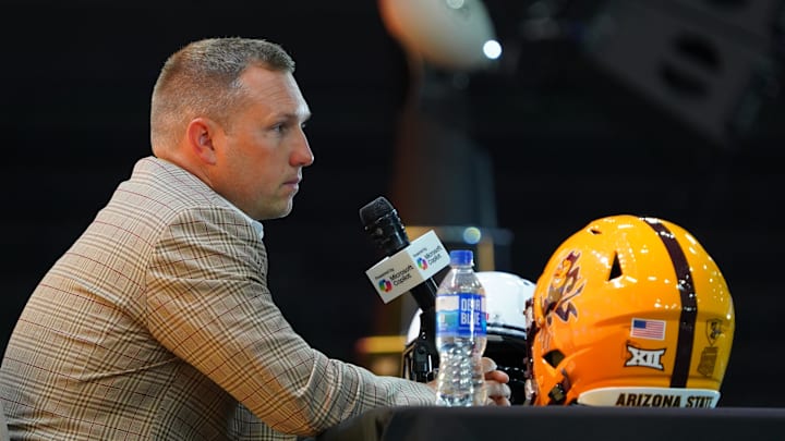 Jul 8, 2025; Frisco, TX, USA; Arizona State head coach Kenny Dillingham addresses the media during 2025 Big 12 Football Media Days at The Star. Mandatory Credit: Raymond Carlin III-Imagn Images
