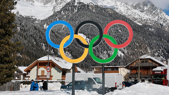 Jan 31, 2026; Anterselva Di Mezzo, ITALY; A general view of the Olympic rings near Anterselva di Sopra (Antholz Obertal), which will host the biathlon competition at the Sudtirol Arena Alto Adige in preparation for the Milano Cortina 2026 Olympic Winter Games. Mandatory Credit: Fabrizio Bensch/Reuters via Imagn Images