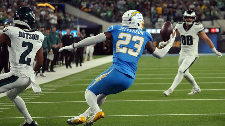 Dec 8, 2025; Inglewood, California, USA; Los Angeles Chargers safety Tony Jefferson (23) intercepts a pass intended for Philadelphia Eagles wide receiver Jahan Dotson (2) in overtime at SoFi Stadium. Mandatory Credit: Kirby Lee-Imagn Images Dec 8, 2025; Inglewood, California, USA; Los Angeles Chargers safety Tony Jefferson (23) intercepts a pass intended for Philadelphia Eagles wide receiver Jahan Dotson (2) in overtime at SoFi Stadium. Mandatory Credit: Kirby Lee-Imagn Images