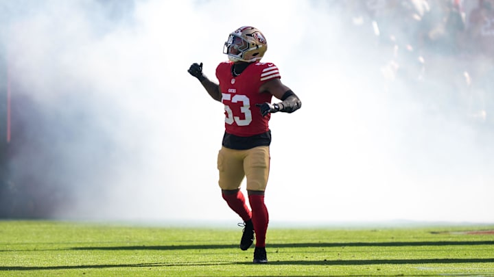 November 9, 2025; Santa Clara, California, USA; San Francisco 49ers linebacker Dee Winters (53) before the game against the Los Angeles Rams at Levi's Stadium. Mandatory Credit: Kyle Terada-Imagn Images