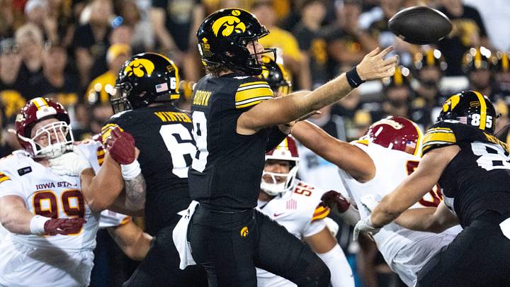 Iowa Hawkeyes quarterback Hank Brown (9) throws a pass during the Cy-Hawk football game against the Iowa State Cyclones Sept. 12, 2026 at Kinnick Stadium in Iowa City, Iowa.