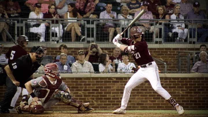 May 17, 2024; College Station, Texas; USA: Texas A&M Aggies senior Ted Burton awaits a pitch in the sixth inning. May 17, 2024; College Station, Texas; USA: Texas A&M Aggies senior Ted Burton awaits a pitch in the sixth inning.