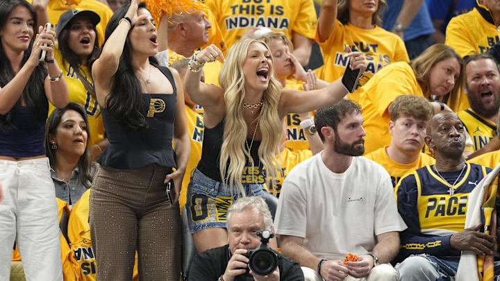 Jade Jones (center), girlfriend of Indiana Pacers guard Tyrese Haliburton (not pictured), cheers during the first half during game three of the 2025 NBA Finals against the Oklahoma City Thunder at Gainbridge Fieldhouse.