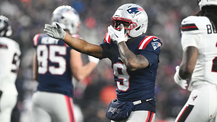 Jan 18, 2026; Foxborough, MA, USA; iNew England Patriots wide receiver Kayshon Boutte (9) reacts after a play in the second quarter against the Houston Texans in an AFC Divisional Round game at Gillette Stadium. Mandatory Credit: Brian Fluharty-Imagn Images