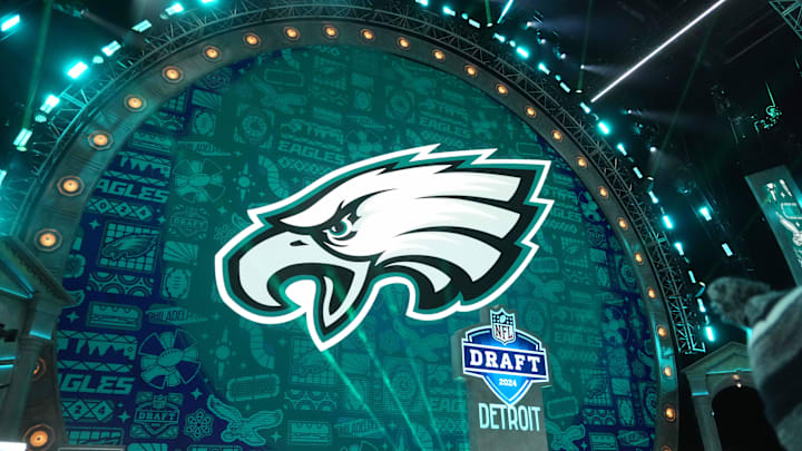 Apr 25, 2024; Detroit, MI, USA; A Philadelphia Eagles logo during the 2024 NFL Draft at Campus Martius Park and Hart Plaza. Mandatory Credit: Kirby Lee-Imagn Images
