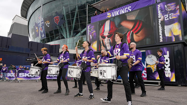 Oct 6, 2024; London, United Kingdom; The Box 9 Drumline performs before the NFL London Game between the New York Jets and the Minnesota Vikings atTottenham Hotspur Stadium. Mandatory Credit: Kirby Lee-Imagn Images
