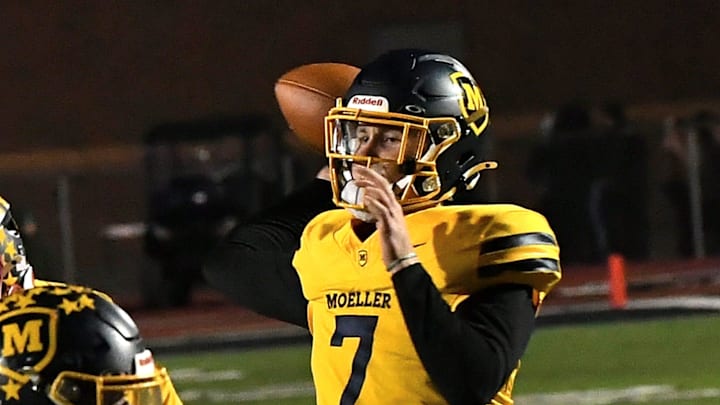 Matt Ponatoski eyes a touchdown pass for Moeller during the OHSAA Division I football regional semifinals Nov. 15, 2024, at Dwire Field in Mason, Ohio.