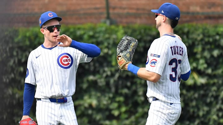 Aug 16, 2025; Chicago, Illinois, USA; Chicago Cubs center fielder Pete Crow-Armstrong (4) celebrates with right fielder Kyle Tucker (30) after defeating the Pittsburgh Pirates at Wrigley Field. Mandatory Credit: Patrick Gorski-Imagn Images
