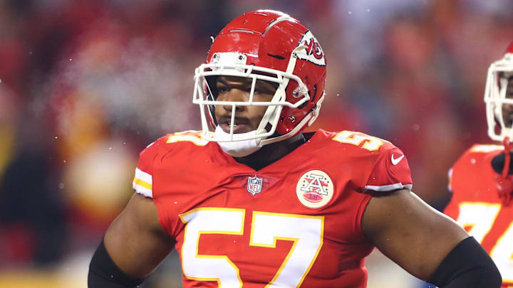 Jan 12, 2019; Kansas City, MO, USA; Kansas City Chiefs linebacker Breeland Speaks (57) against the Indianapolis Colts during the AFC Divisional playoff football game at Arrowhead Stadium. Mandatory Credit: Mark J. Rebilas-Imagn Images