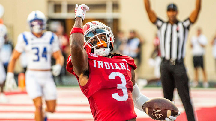 Indiana's Omar Cooper Jr. (3) during the Indiana versus Indiana State football game at Memorial Stadium on Friday, Sept. 12, 2025.