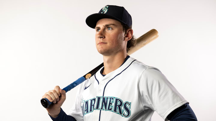 Feb 20, 2025; Peoria, AZ, USA; Seattle Mariners infielder Colt Emerson poses for a portrait during media day at Peoria Sports Complex. Mandatory Credit: Mark J. Rebilas-Imagn Images