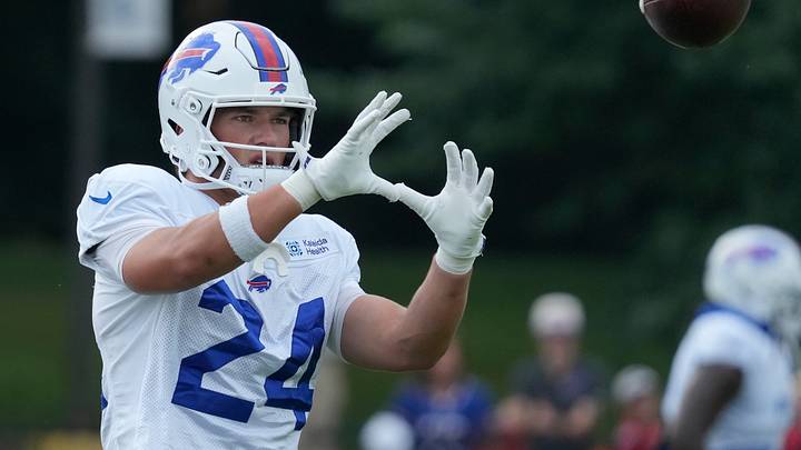Bills defensive back Cole Bishop eyes in a pass during the final day of Buffalo Bills training camp at St. John Fisher University Friday, August 7, 2026 in Pittsford. Bills defensive back Cole Bishop eyes in a pass during the final day of Buffalo Bills training camp at St. John Fisher University Friday, August 7, 2026 in Pittsford.