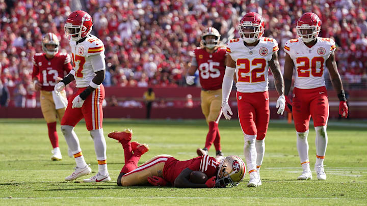 Oct 20, 2024; Santa Clara, California, USA; San Francisco 49ers wide receiver Brandon Aiyuk (11) lays on the ground after suffering an injury against the Kansas City Chiefs in the second quarter at Levi's Stadium. Mandatory Credit: Cary Edmondson-Imagn Images Oct 20, 2024; Santa Clara, California, USA; San Francisco 49ers wide receiver Brandon Aiyuk (11) lays on the ground after suffering an injury against the Kansas City Chiefs in the second quarter at Levi's Stadium. Mandatory Credit: Cary Edmondson-Imagn Images