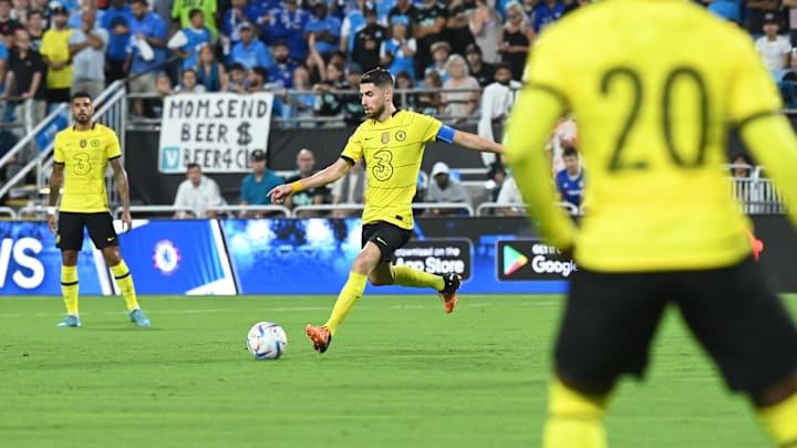 Jul 20, 2022; Charlotte, North Carolina, USA; Chelsea
FC midfielder Jorginho (5) advances ball in the first half against Charlotte FC at Bank of America Stadium. Mandatory Credit: Griffin Zetterberg-Imagn Images Jul 20, 2022; Charlotte, North Carolina, USA; Chelsea
FC midfielder Jorginho (5) advances ball in the first half against Charlotte FC at Bank of America Stadium. Mandatory Credit: Griffin Zetterberg-Imagn Images