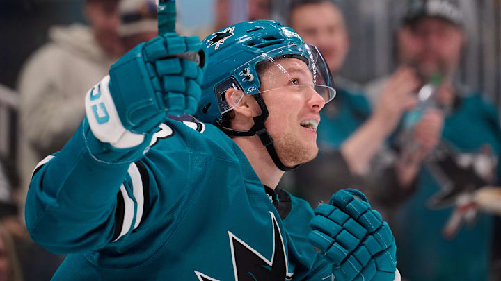 Jan 10, 2026; San Jose, California, USA; San Jose Sharks left wing Jeff Skinner (53) reacts after scoring a goal against the Dallas Stars during the second period at SAP Center at San Jose. Mandatory Credit: Robert Edwards-Imagn Images Jan 10, 2026; San Jose, California, USA; San Jose Sharks left wing Jeff Skinner (53) reacts after scoring a goal against the Dallas Stars during the second period at SAP Center at San Jose. Mandatory Credit: Robert Edwards-Imagn Images