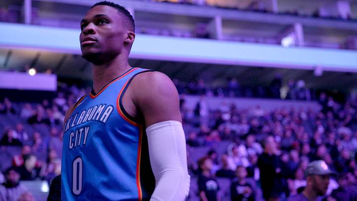 Nov 7, 2017; Sacramento, CA, USA; Oklahoma City Thunder guard Russell Westbrook (0) stands on the court before the start of the game against the Sacramento Kings at Golden 1 Center. Mandatory Credit: Cary Edmondson-USA TODAY Sports Nov 7, 2017; Sacramento, CA, USA; Oklahoma City Thunder guard Russell Westbrook (0) stands on the court before the start of the game against the Sacramento Kings at Golden 1 Center. Mandatory Credit: Cary Edmondson-USA TODAY Sports