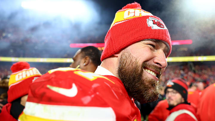 Jan 26, 2025; Kansas City, MO, USA; Kansas City Chiefs tight end Travis Kelce (87) reacts after the AFC Championship game against the Buffalo Bills at GEHA Field at Arrowhead Stadium. Mandatory Credit: Mark J. Rebilas-Imagn Images Jan 26, 2025; Kansas City, MO, USA; Kansas City Chiefs tight end Travis Kelce (87) reacts after the AFC Championship game against the Buffalo Bills at GEHA Field at Arrowhead Stadium. Mandatory Credit: Mark J. Rebilas-Imagn Images