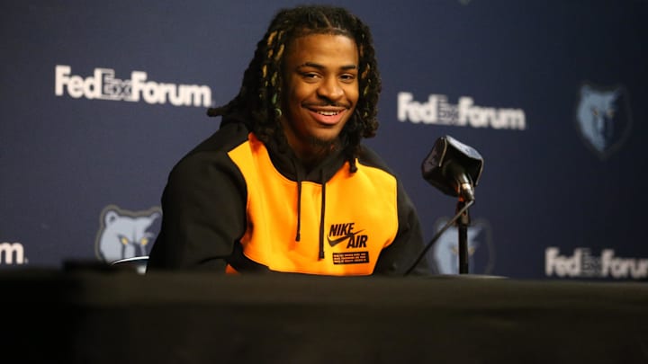 Dec 15, 2023; Memphis, TN, USA; Memphis Grizzlies guard Ja Morant answers questions from media about his time away from the team during his 25 game suspension during a press conference at FedExForum. Mandatory Credit: Petre Thomas-USA TODAY Sports