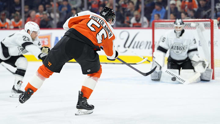 Jan 31, 2026; Philadelphia, Pennsylvania, USA; Philadelphia Flyers defenseman Rasmus Ristolainen (55) shoots the puck against the Los Angeles Kings in the second period at Xfinity Mobile Arena. Mandatory Credit: Kyle Ross-Imagn Images Jan 31, 2026; Philadelphia, Pennsylvania, USA; Philadelphia Flyers defenseman Rasmus Ristolainen (55) shoots the puck against the Los Angeles Kings in the second period at Xfinity Mobile Arena. Mandatory Credit: Kyle Ross-Imagn Images