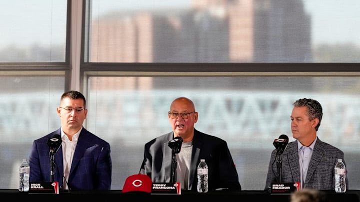 New manager Terry Francona (center) takes questions with President of Baseball Operations Nick Krall (left) and General Manager Brad Meador during an event to introduce the new manager of the Cincinnati Reds at Great American Ball Park in downtown Cincinnati on Monday, Oct. 7, 2024.
