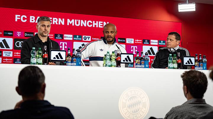 Bayern Munich head coach Vincent Kompany and director of sport Max Eberl speaking to media on Friday.