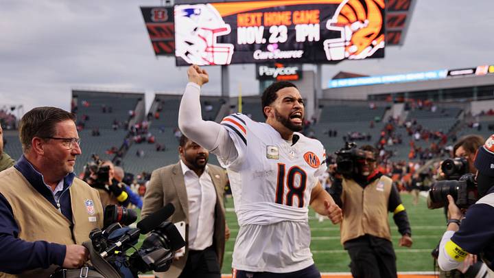 Bears quarterback Caleb Williams acknowledges the crowd and walks off the field after defeating the Cincinnati Bengals with a late comeback.