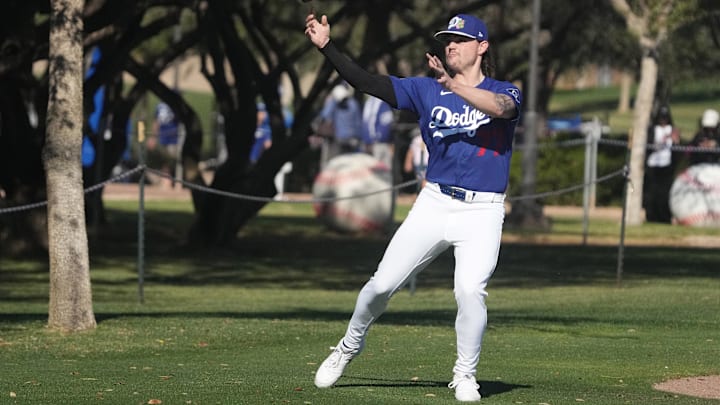 Feb 14, 2026; Glendale, AZ, USA; Los Angeles Dodgers pitcher River Ryan warms up during spring training camp. Mandatory Credit: Rick Scuteri-Imagn Images