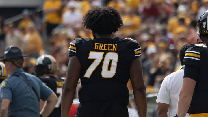 Oct 11, 2025; Columbia, MO; USA; Missouri Tigers offensive lineman Cayden Green stands on the sidelines during a game against the Alabama Crimson Tide Oct 11, 2025; Columbia, MO; USA; Missouri Tigers offensive lineman Cayden Green stands on the sidelines during a game against the Alabama Crimson Tide