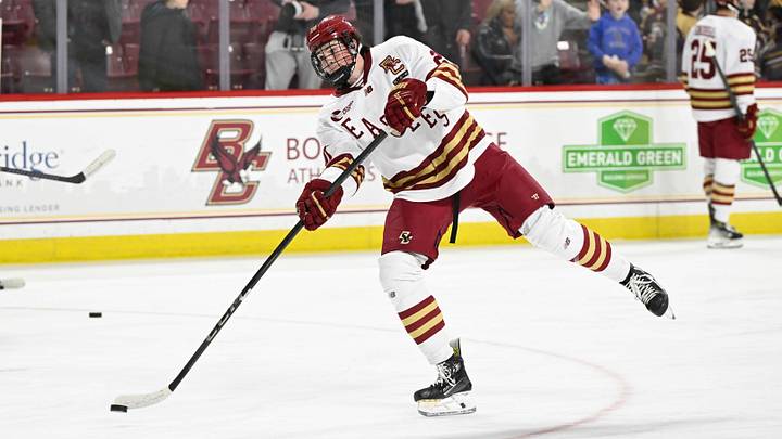 Feb 28, 2025; Chestnut Hill, MA, USA; Boston College forward Dean Letourneau (20) warms up before a game against the University of New Hampshire Wildcats at Conte Forum. Mandatory Credit: Eric Canha-Imagn Images