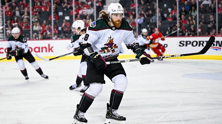 Apr 14, 2024; Calgary, Alberta, CAN; Arizona Coyotes center Liam O'Brien (38) skates against the Calgary Flames during the first period at Scotiabank Saddledome. Mandatory Credit: Brett Holmes-Imagn Images