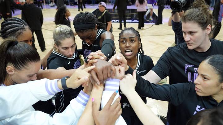 Golden State Valkyries players huddle on the court after the game against the Los Angeles Sparks at Chase Center. Golden State Valkyries players huddle on the court after the game against the Los Angeles Sparks at Chase Center.
