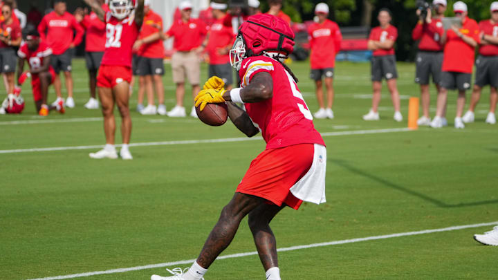 Jul 22, 2024; St. Joseph, MO, USA; Kansas City Chiefs wide receiver Marquise (Hollywood) Brown (5) catches a pass during training camp at Missouri Western State University. Mandatory Credit: Denny Medley-Imagn Images