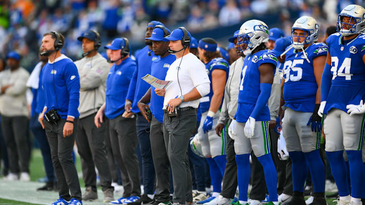 Seattle Seahawks head coach Mike Macdonald on the sidelines during the second half of a game against the Tampa Bay Buccaneers. Seattle Seahawks head coach Mike Macdonald on the sidelines during the second half of a game against the Tampa Bay Buccaneers.