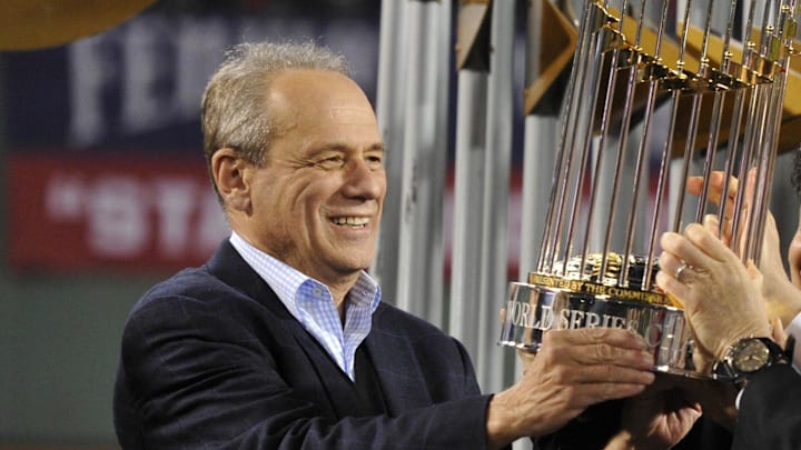 Oct 30, 2013; Boston, MA, USA; Boston Red Sox owners including John Henry (right) and Larry Lucchino (left) and Tom Werner (middle) hold the World Series championship trophy together after game six of the MLB baseball World Series against the St. Louis Cardinals at Fenway Park. The Red Sox won 6-1 to win the series four games to two. Mandatory Credit: Robert Deutsch-Imagn Images Oct 30, 2013; Boston, MA, USA; Boston Red Sox owners including John Henry (right) and Larry Lucchino (left) and Tom Werner (middle) hold the World Series championship trophy together after game six of the MLB baseball World Series against the St. Louis Cardinals at Fenway Park. The Red Sox won 6-1 to win the series four games to two. Mandatory Credit: Robert Deutsch-Imagn Images